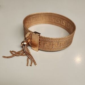 Art Deco Byzantine Greek Key Chain Tassel Gold Tone Mesh Slide Bracelet